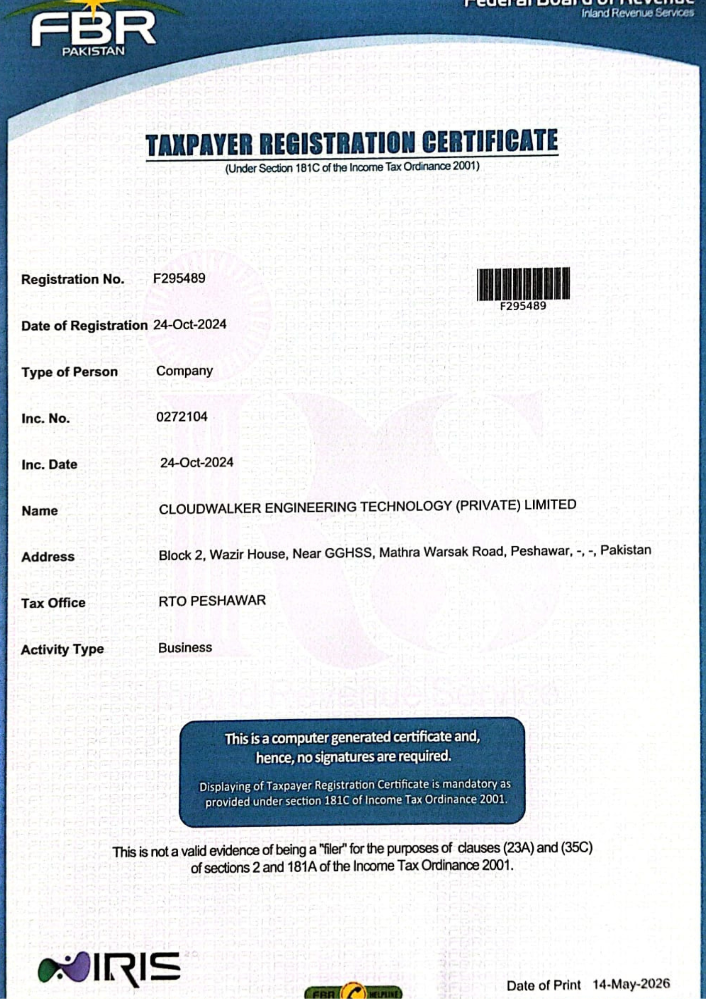 Cloudwalker Engineering Technology company registration certificate
