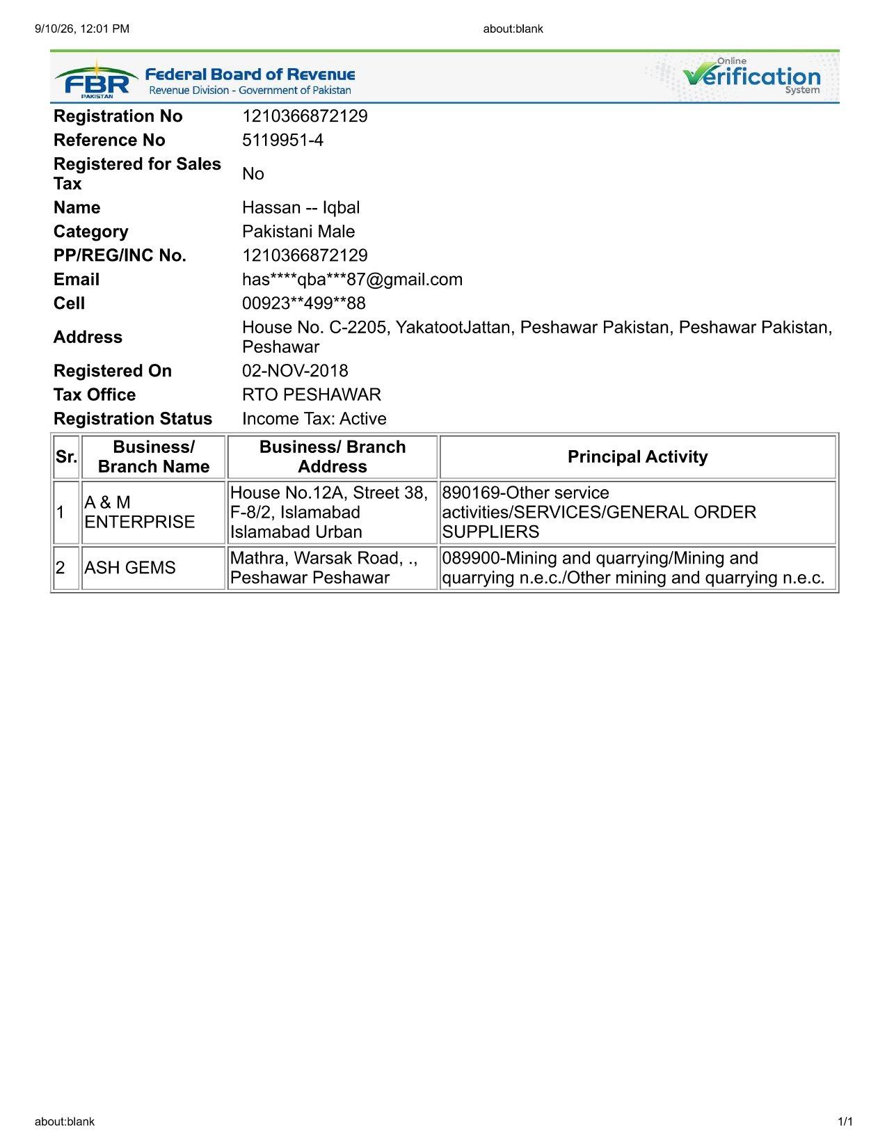 A&M Enterprise company registration certificate